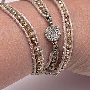 NAKAMOL Pink Beaded Wrap Bracelet or Necklace Faceted Beads Leather Clasp